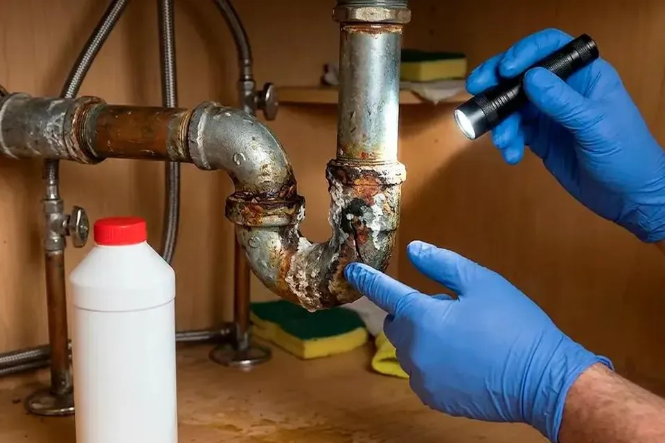Plumber inspecting a rusted, corroded drain pipe under a sink with a flashlight
