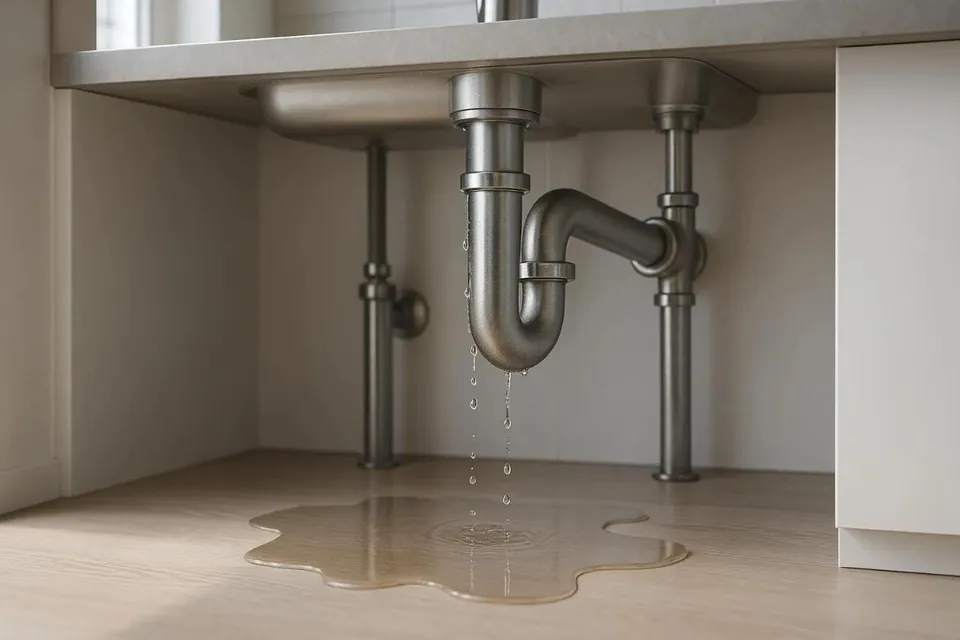Leaking sink drain trap dripping water into a puddle under a kitchen sink