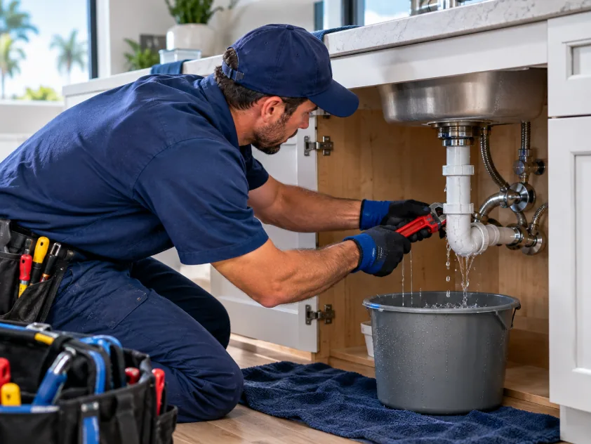 Licensed plumber removing a clogged kitchen sink drain trap as water drains into a bucket