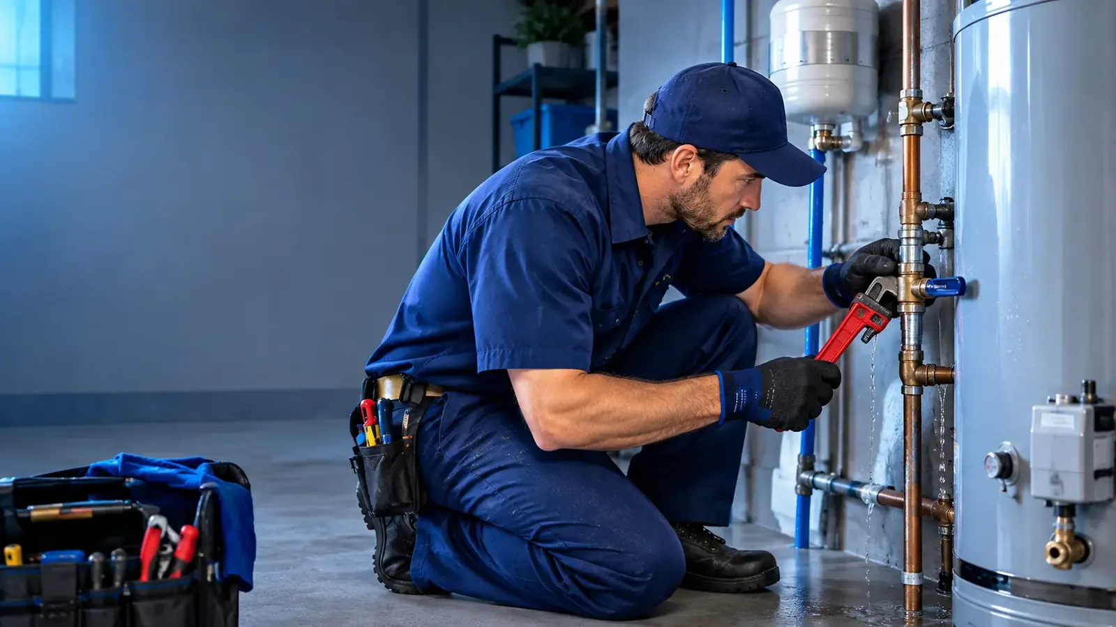 Plumber tightening a leaking pipe fitting on a tank water heater with a pipe wrench as water drips onto the floor