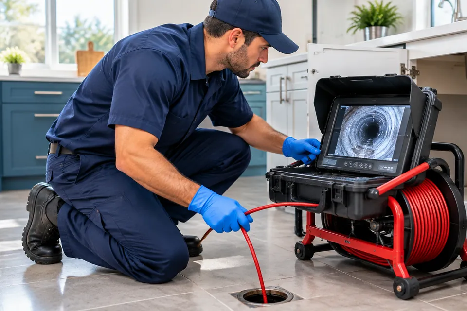 Plumber running a sewer camera into a floor drain and watching the pipe on a monitor