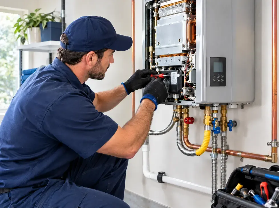 Certified tech repairing the gas valve and water connections on a wall-mounted tankless water heater