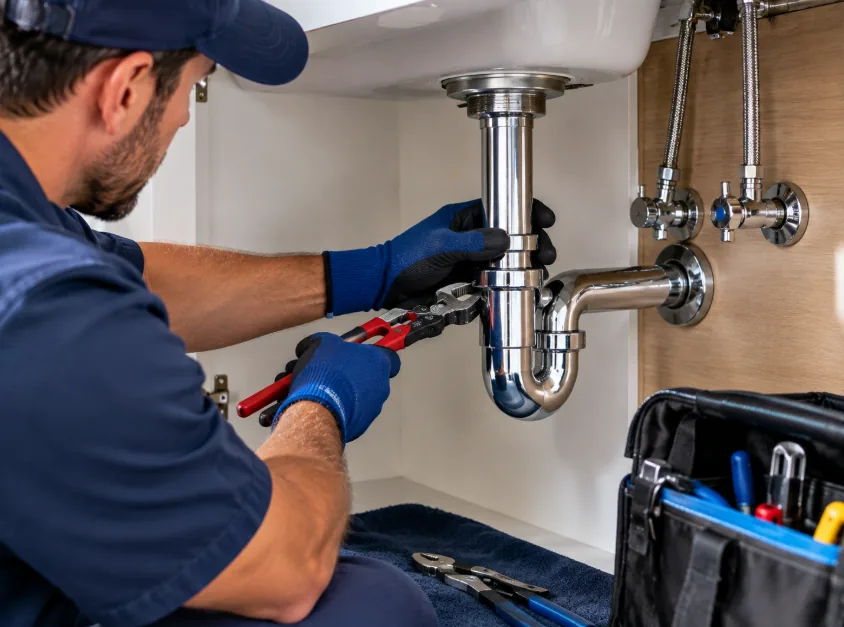 Certified tech in blue gloves tightening a chrome sink drain with a pipe wrench, tool bag beside him