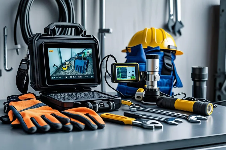 Plumbing inspection camera, monitor, flashlight, wrenches and work gloves on a workbench